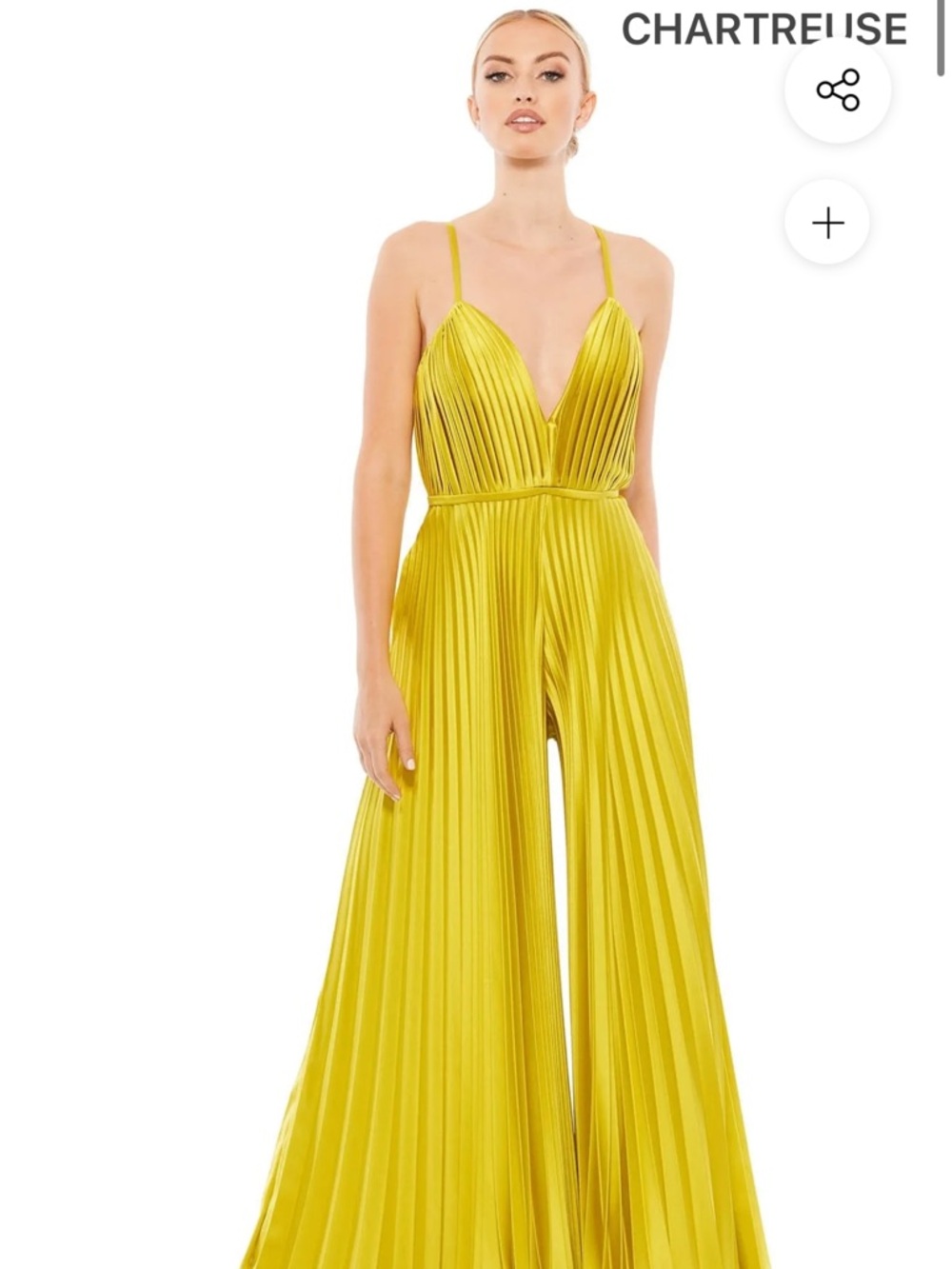 Pleated V-Neck Wide-Leg Jumpsuit in Chartreuse - Picture 5 of 12